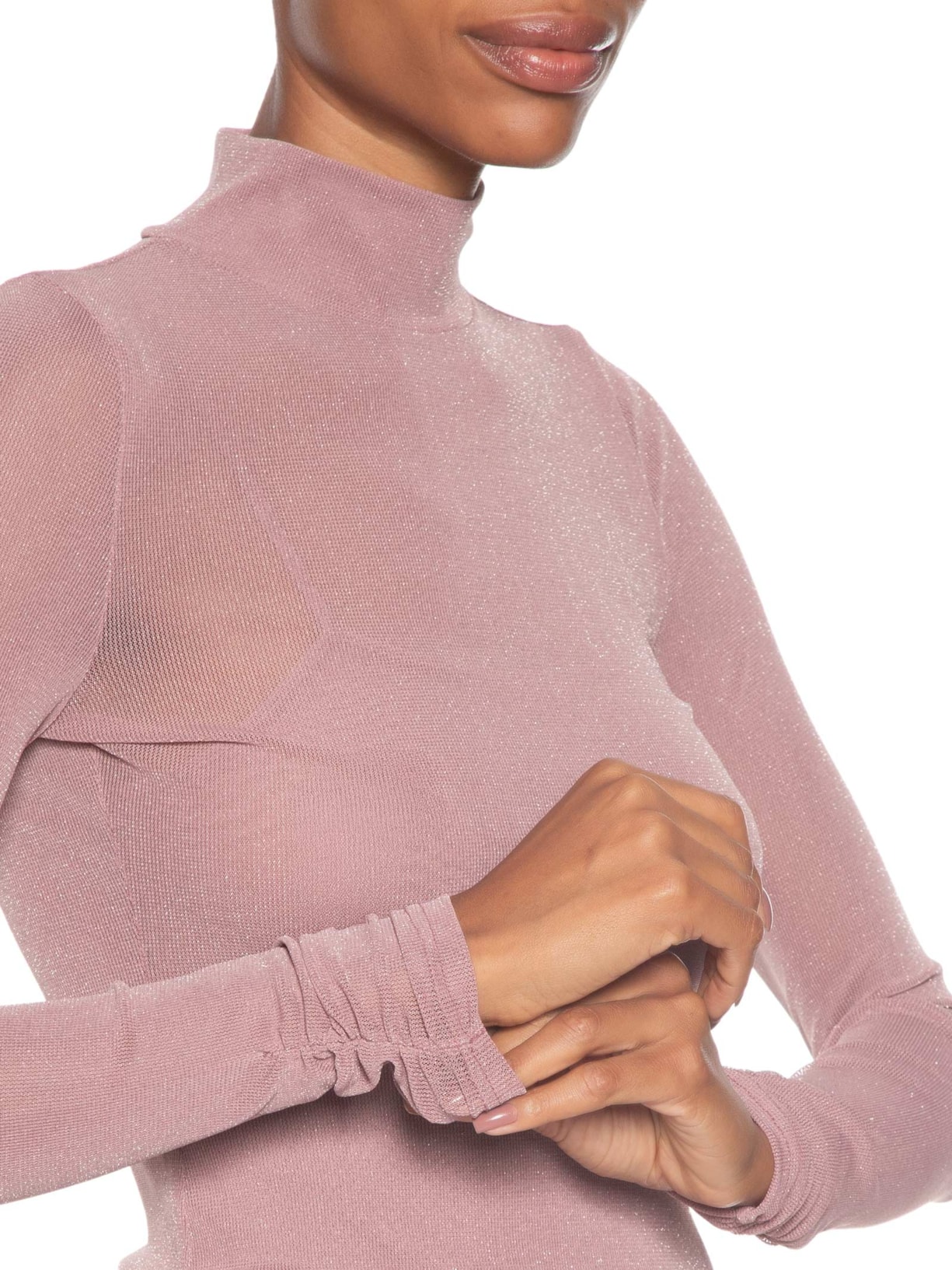 Blusa Feminina De Tule Com Glitter Gola Alta Rosa Animale Jeans