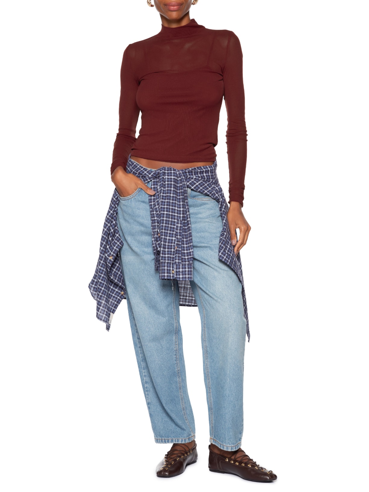 Blusa Feminina De Tule Com Gola Alta Marrom Animale Jeans