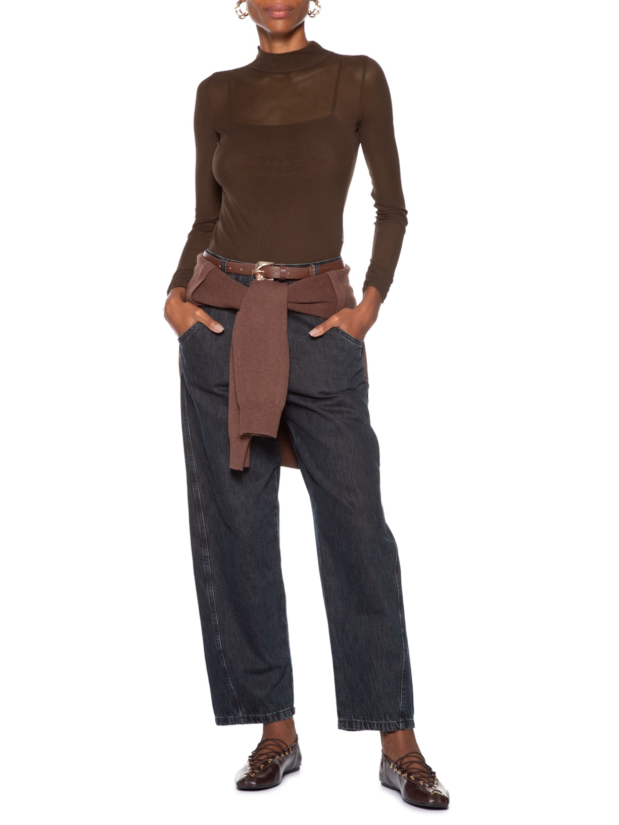 Blusa Feminina De Tule Com Gola Alta Marrom Animale Jeans