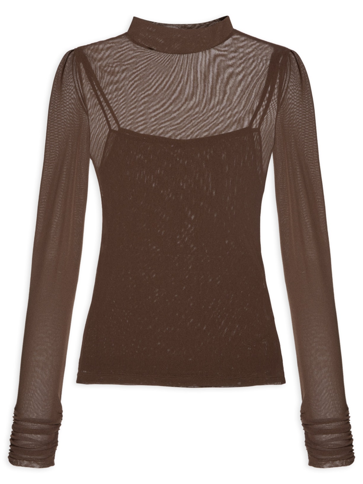 Blusa Feminina De Tule Com Gola Alta Marrom Animale Jeans