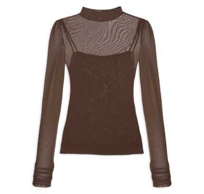 Blusa Feminina De Tule Com Gola Alta - Marrom
