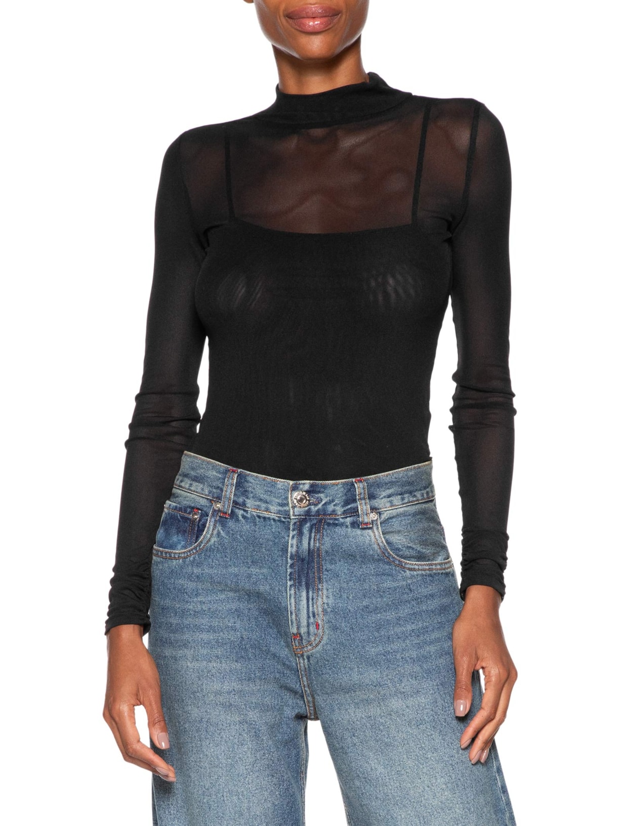Blusa Feminina De Tule Com Gola Alta Preto Animale Jeans