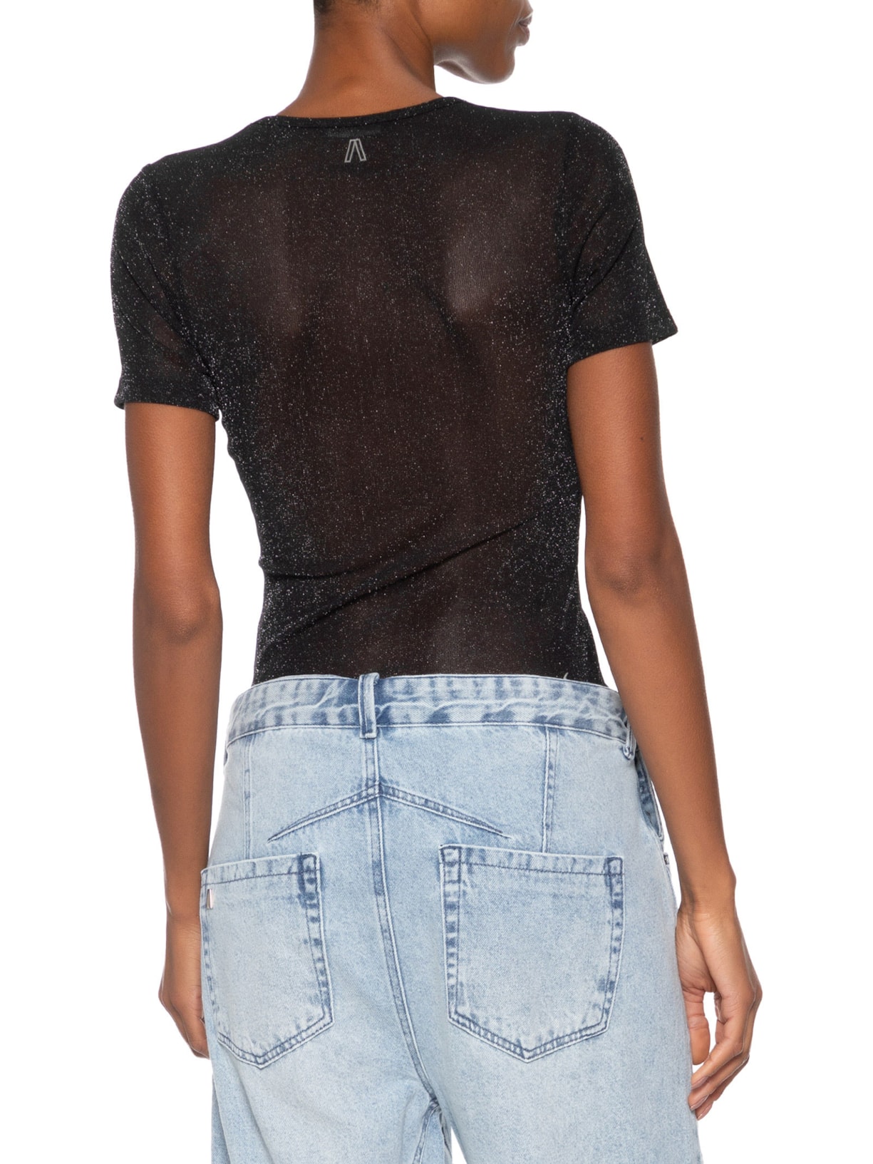 Blusa Feminina de Tule Manga Curta Com Brilho Preto Animale Jeans