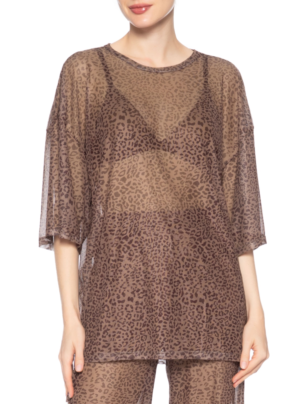 Blusa Feminina De Tule Onça Grão Color Marrom Animale Jeans