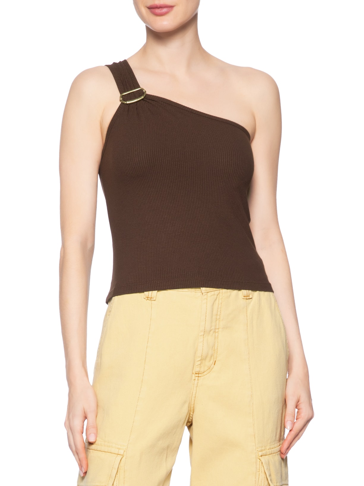 Blusa Feminina De Um Ombro Só Fivela Marrom Animale Jeans