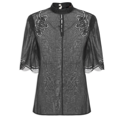 Blusa Feminina De Voil Manga Curta Com Gola - Preto