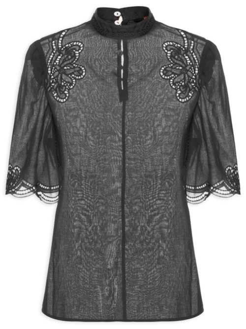 Blusa Feminina De Voil Manga Curta Com Gola - Preto