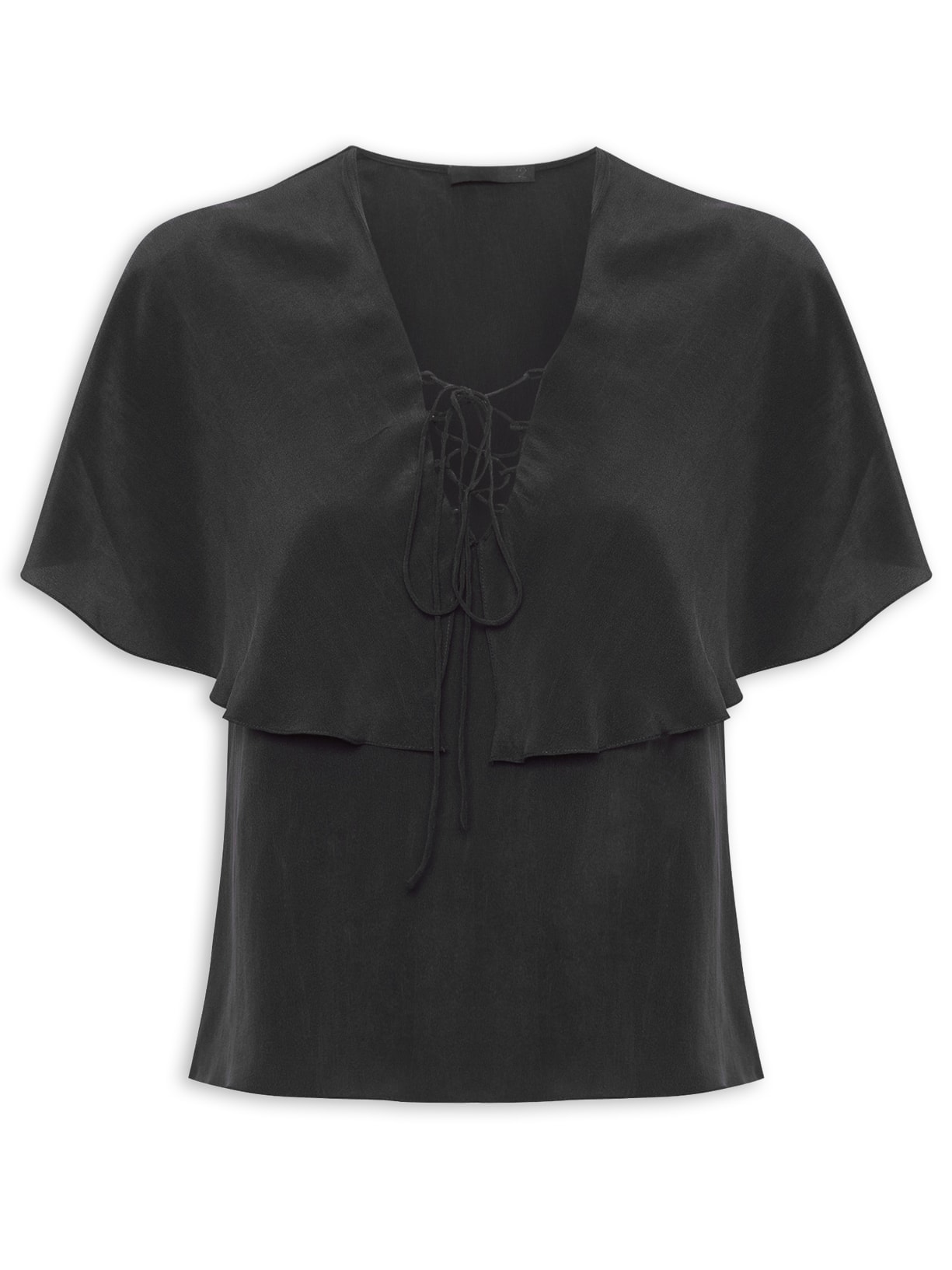 Blusa Feminina Decote Amarração Babados De Seda - Preto