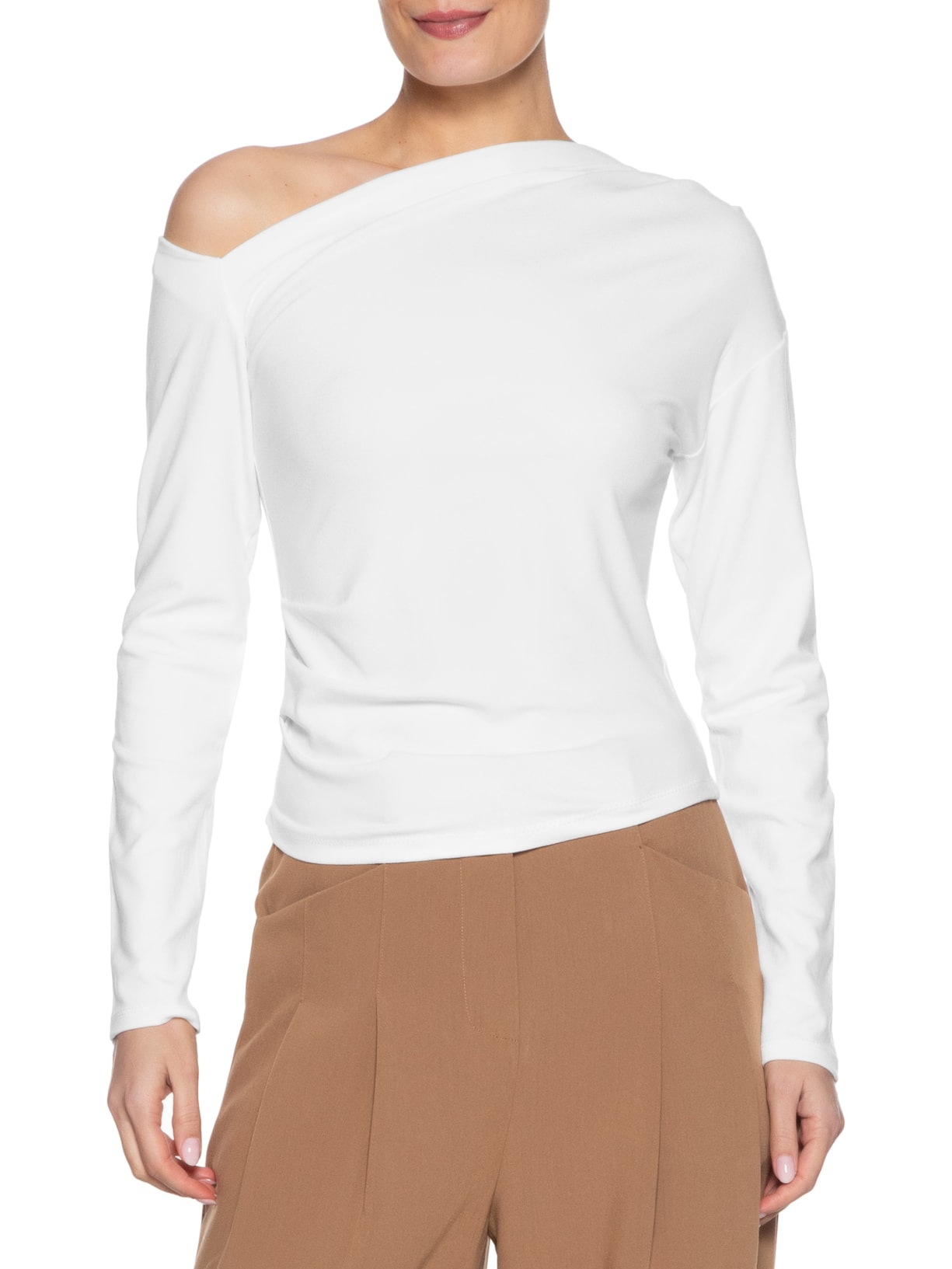 Blusa Feminina Decote Assimétrico Manga Longa Branco Basiq