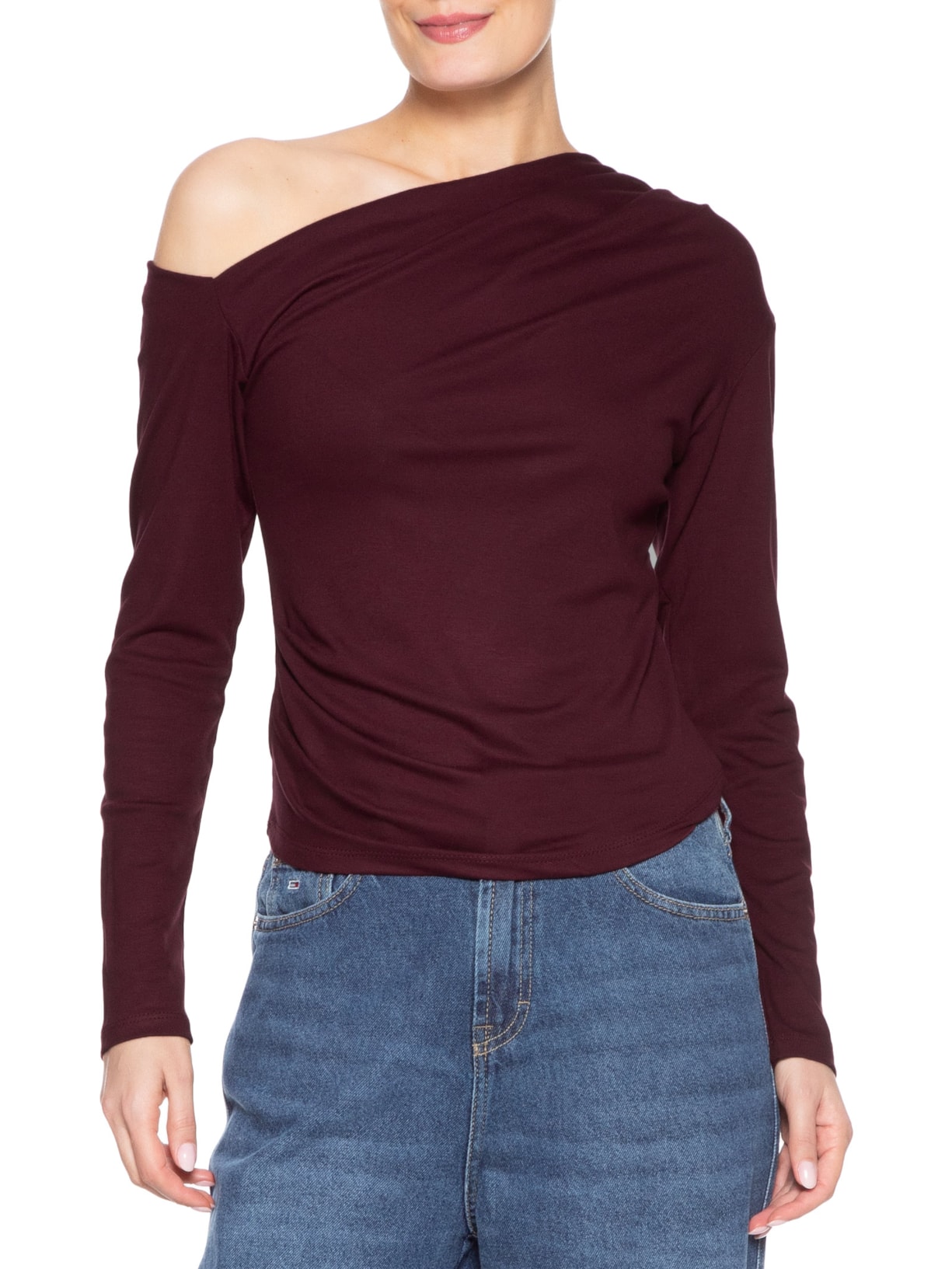 Blusa Feminina Decote Assimétrico Manga Longa Vermelho Basiq