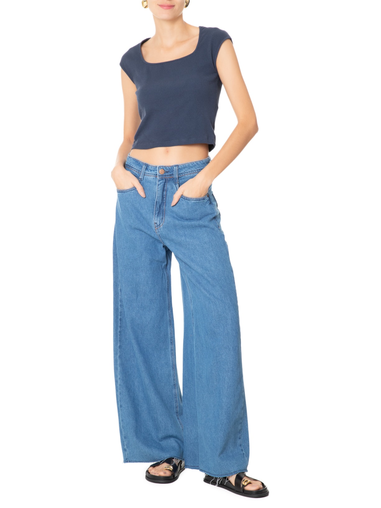 Blusa Feminina Decote Quadrado sem Manga Azul Basiq