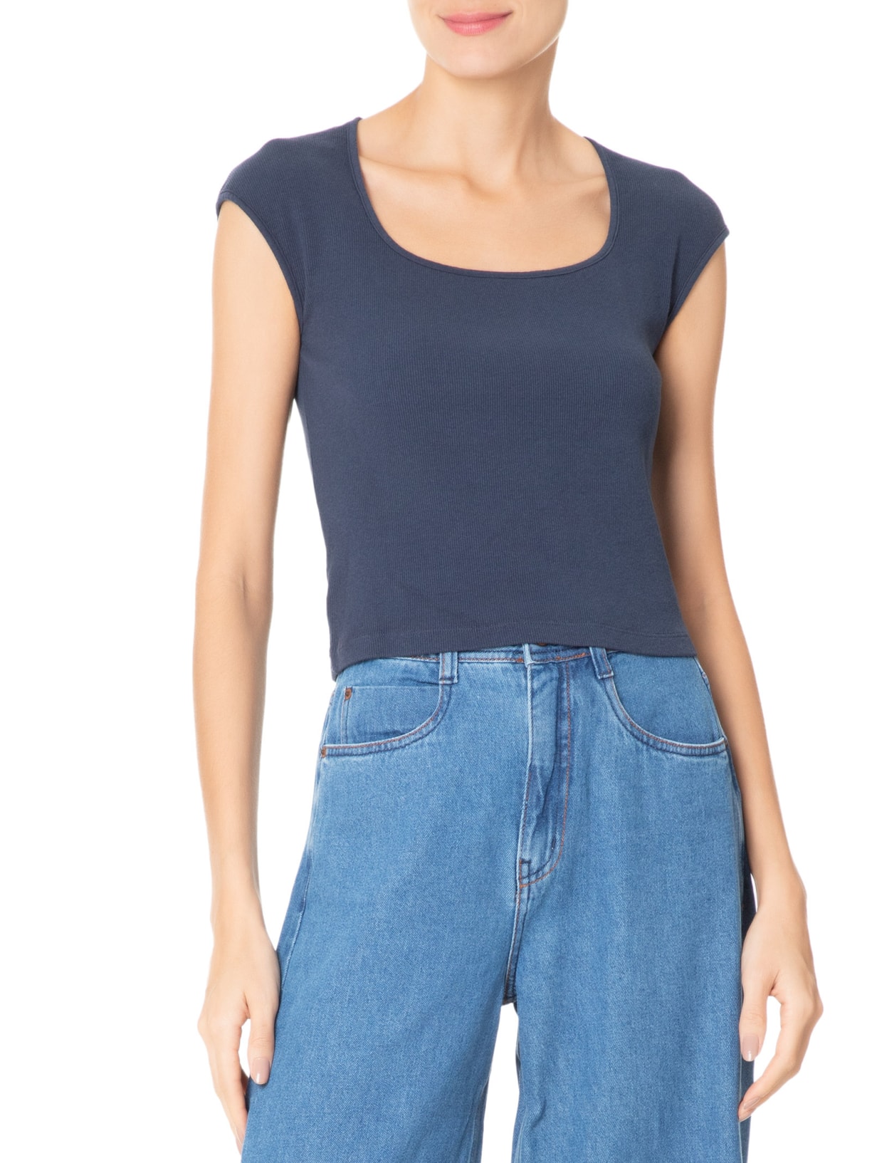 Blusa Feminina Decote Quadrado sem Manga Azul Basiq