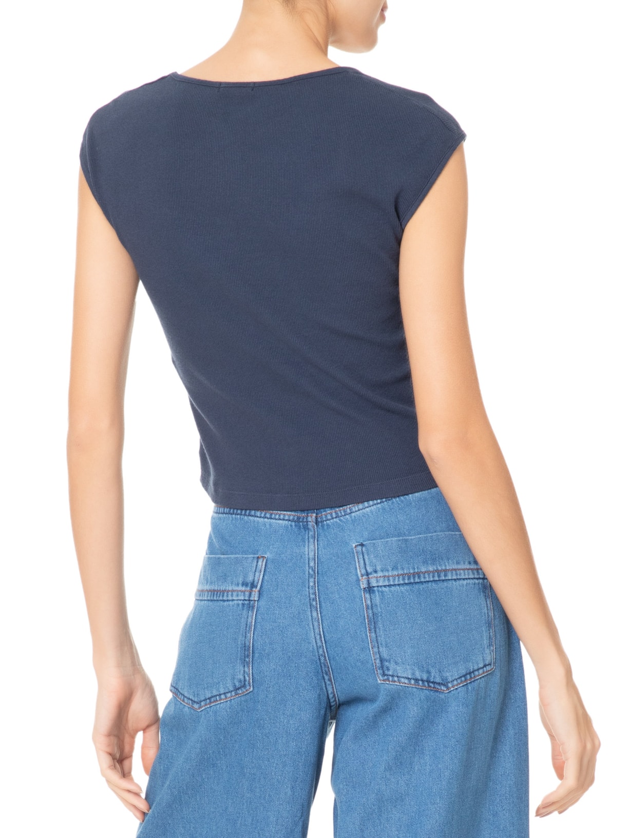 Blusa Feminina Decote Quadrado sem Manga Azul Basiq