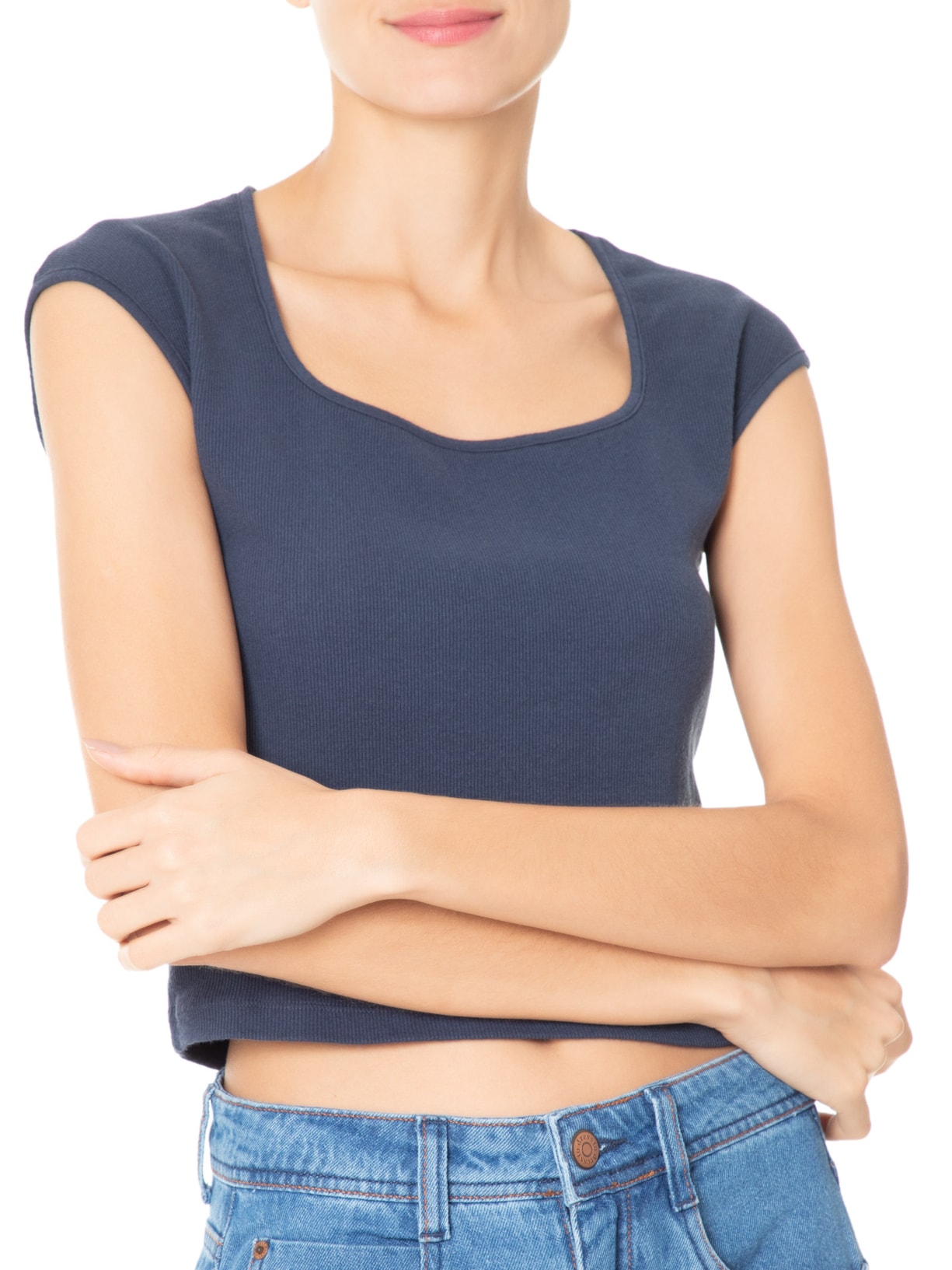 Blusa Feminina Decote Quadrado sem Manga Azul Basiq