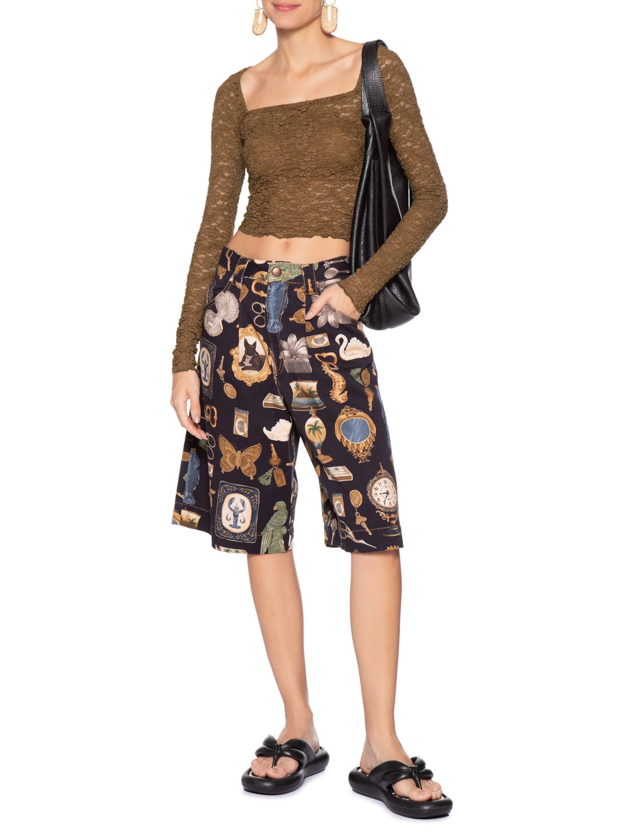 Blusa Feminina Decote Reto Artesanal Rendada Marrom Farm