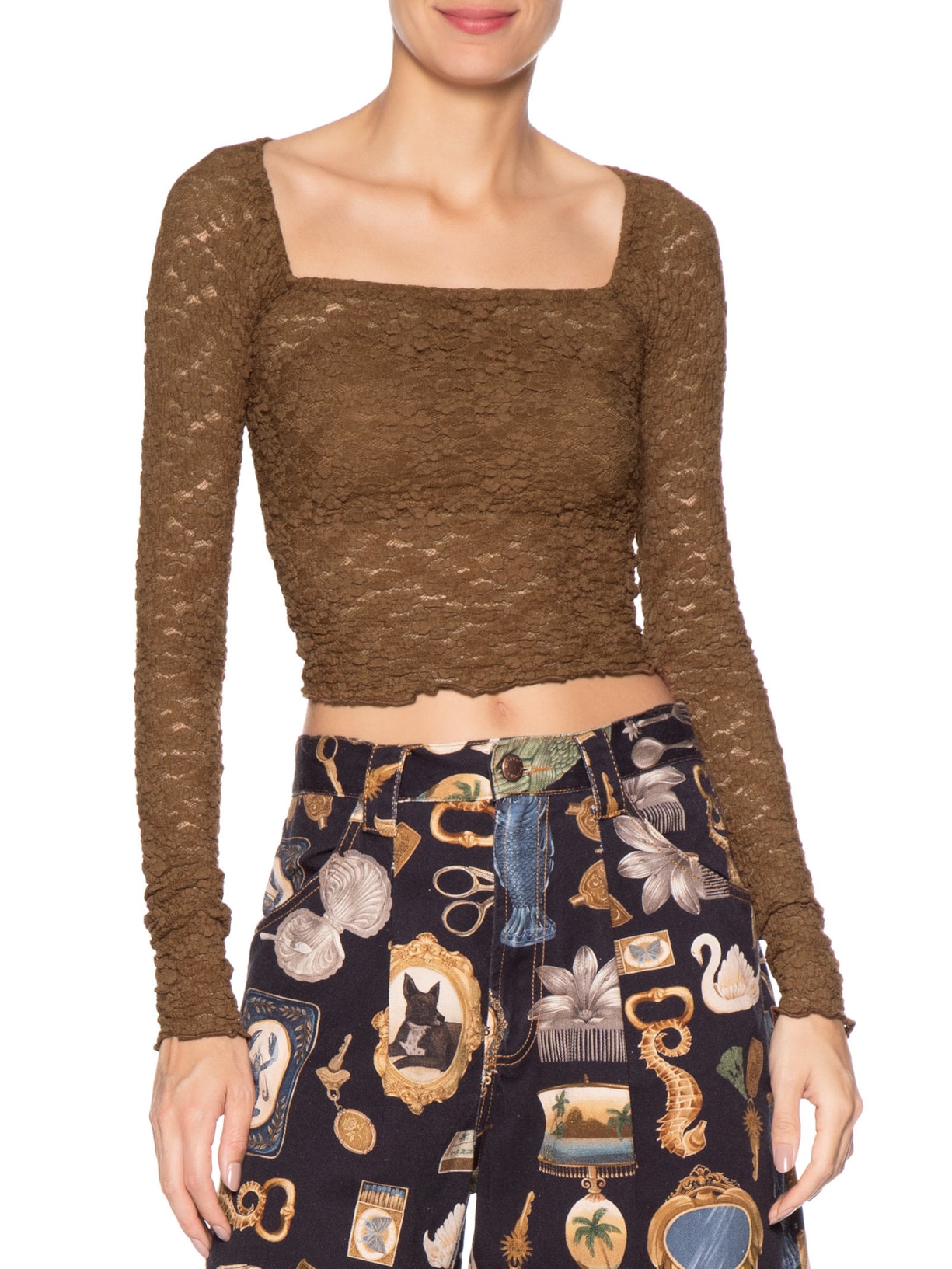 Blusa Feminina Decote Reto Artesanal Rendada Marrom Farm