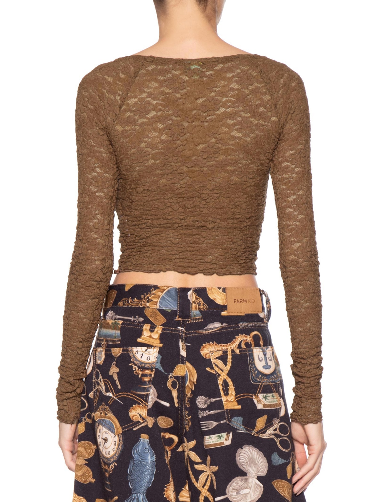 Blusa Feminina Decote Reto Artesanal Rendada Marrom Farm