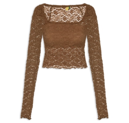 Blusa Feminina Decote Reto Artesanal Rendada - Marrom