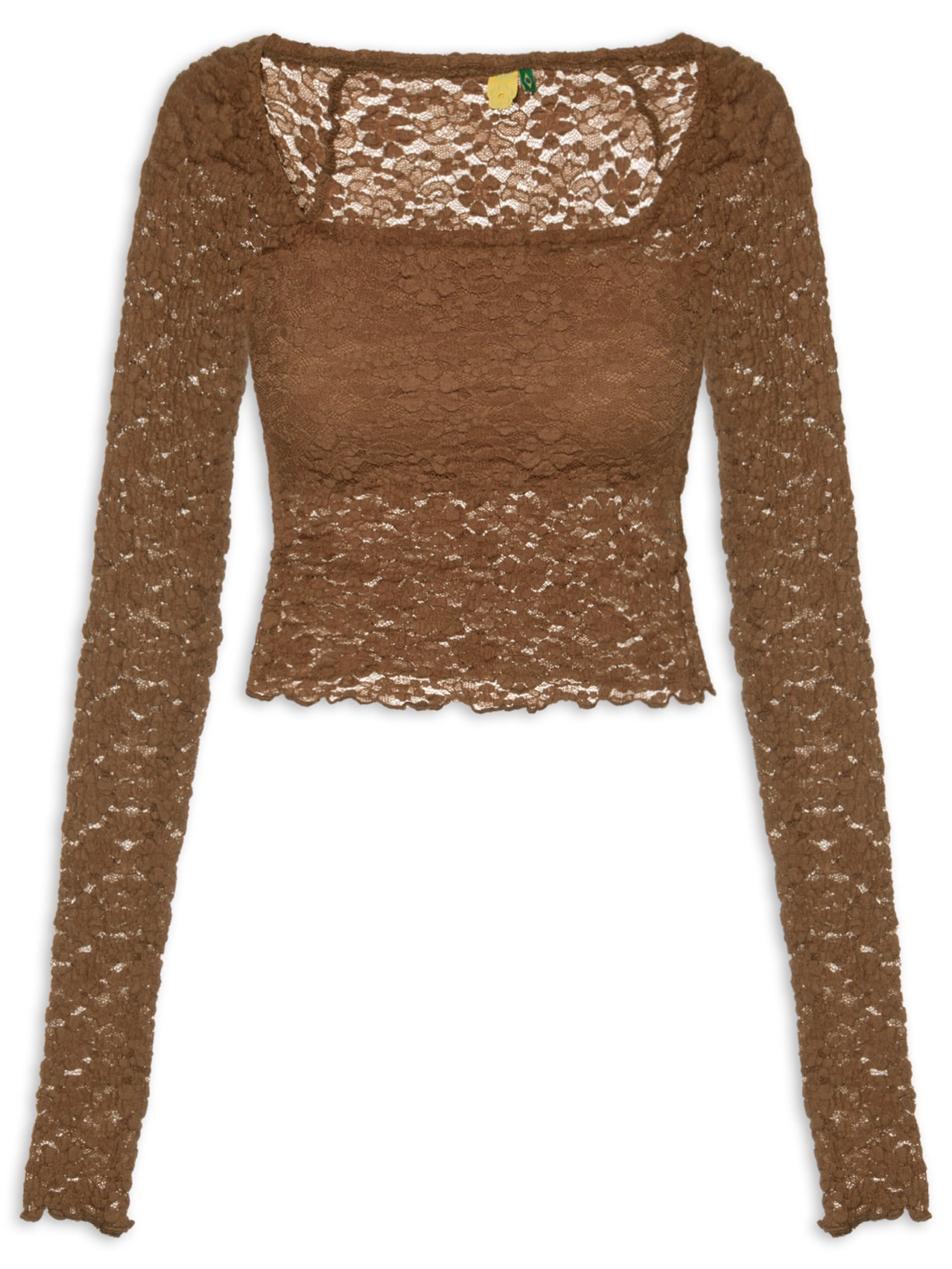 Blusa Feminina Decote Reto Artesanal Rendada - Marrom