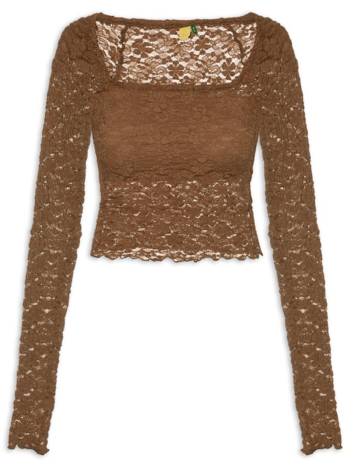 Blusa Feminina Decote Reto Artesanal Rendada - Marrom