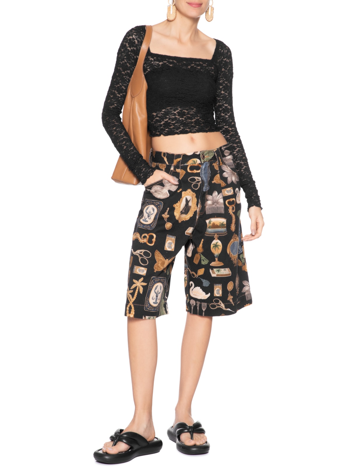 Blusa Feminina Decote Reto Artesanal Rendada Preto Farm