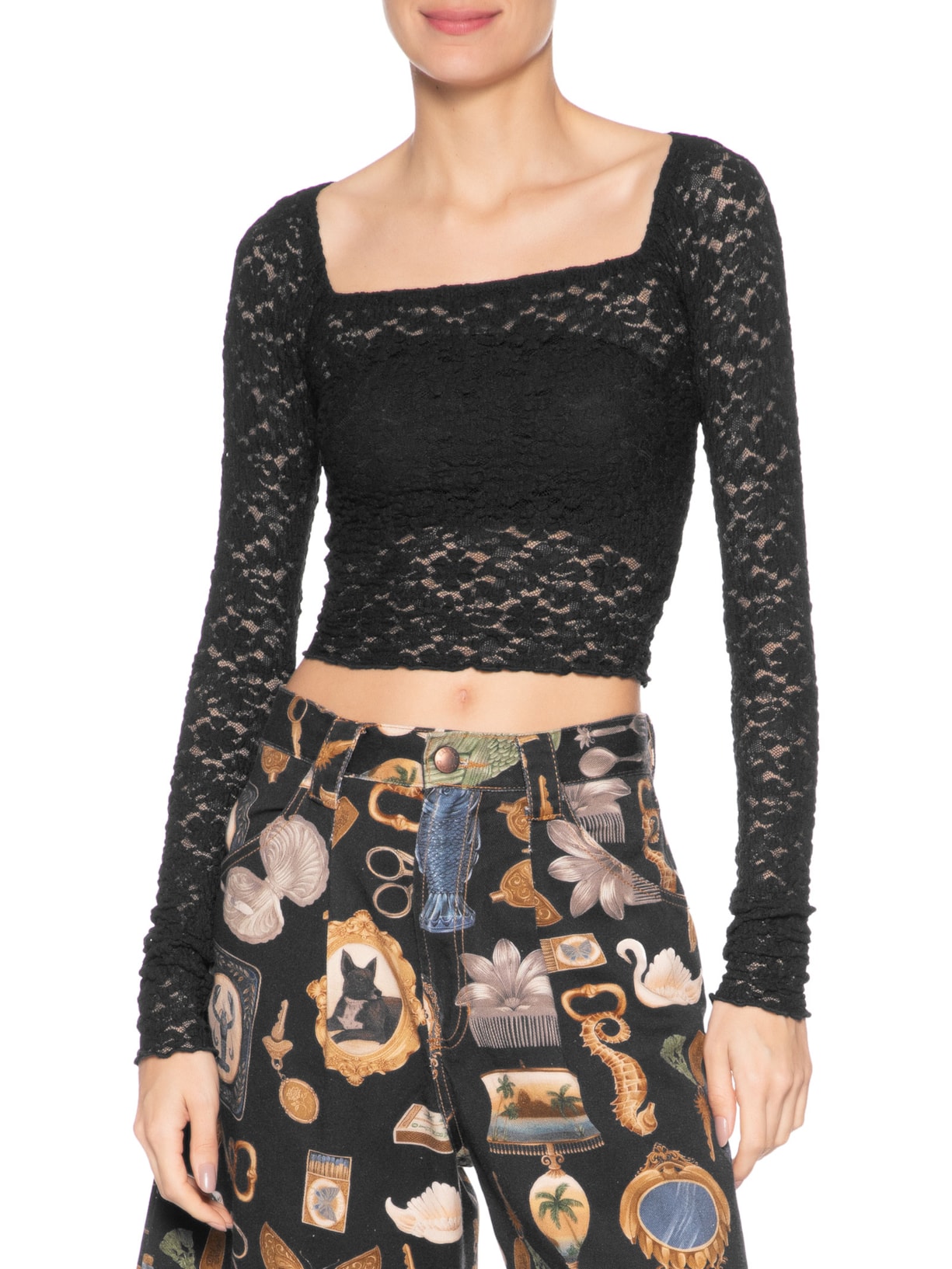 Blusa Feminina Decote Reto Artesanal Rendada Preto Farm