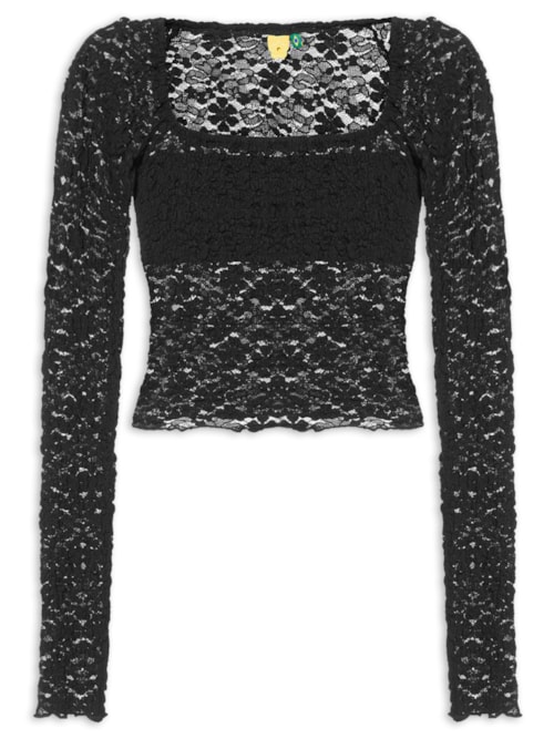 Blusa Feminina Decote Reto Artesanal Rendada - Preto