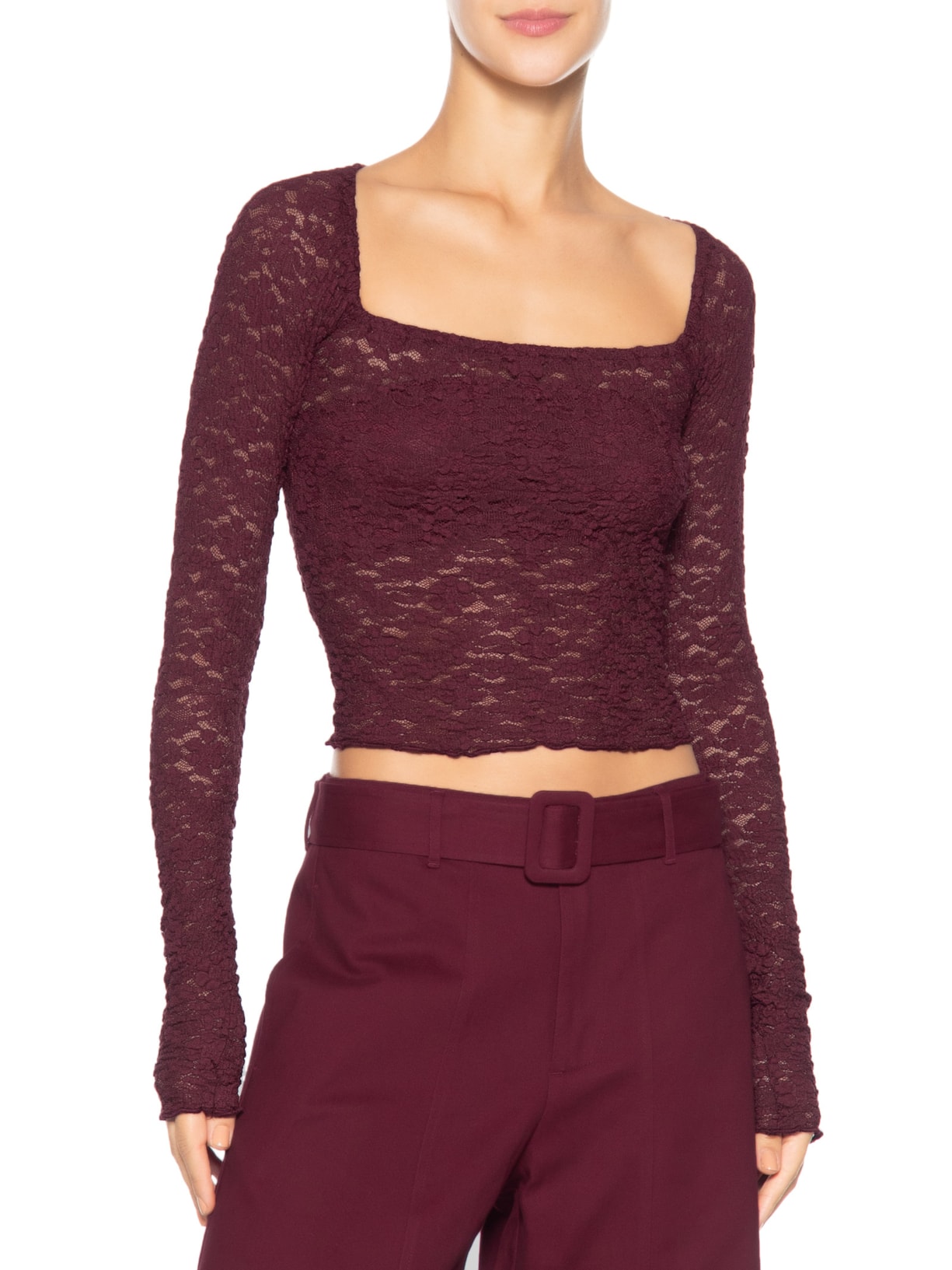 Blusa Feminina Decote Reto Artesanal Rendada Vinho Farm