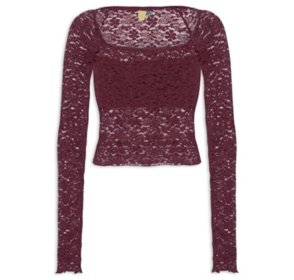 Blusa Feminina Decote Reto Artesanal Rendada - Vinho