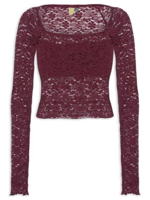 Blusa Feminina Decote Reto Artesanal Rendada - Vinho