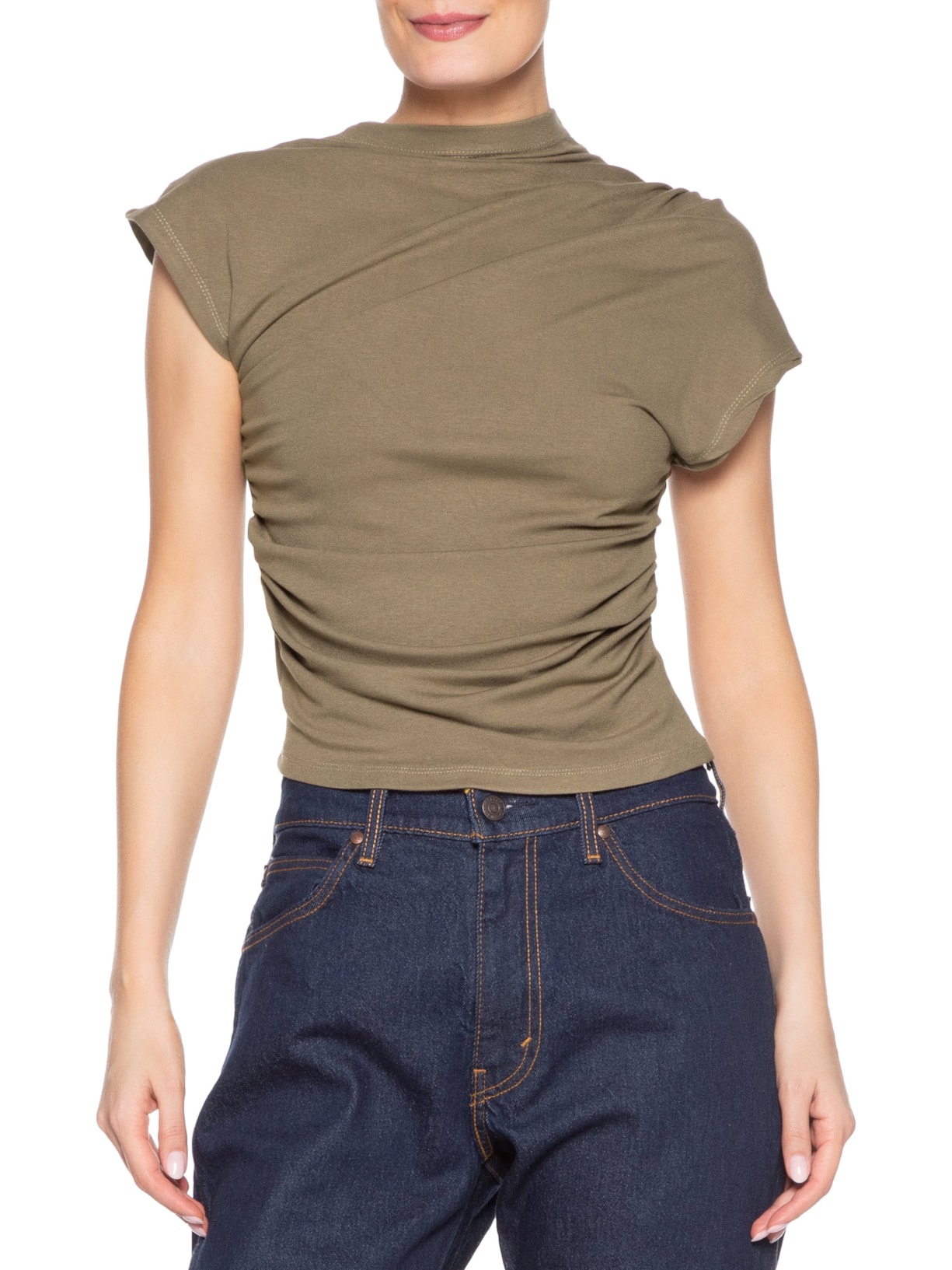 Blusa Feminina Decote Reto Drapeada Bege Basiq