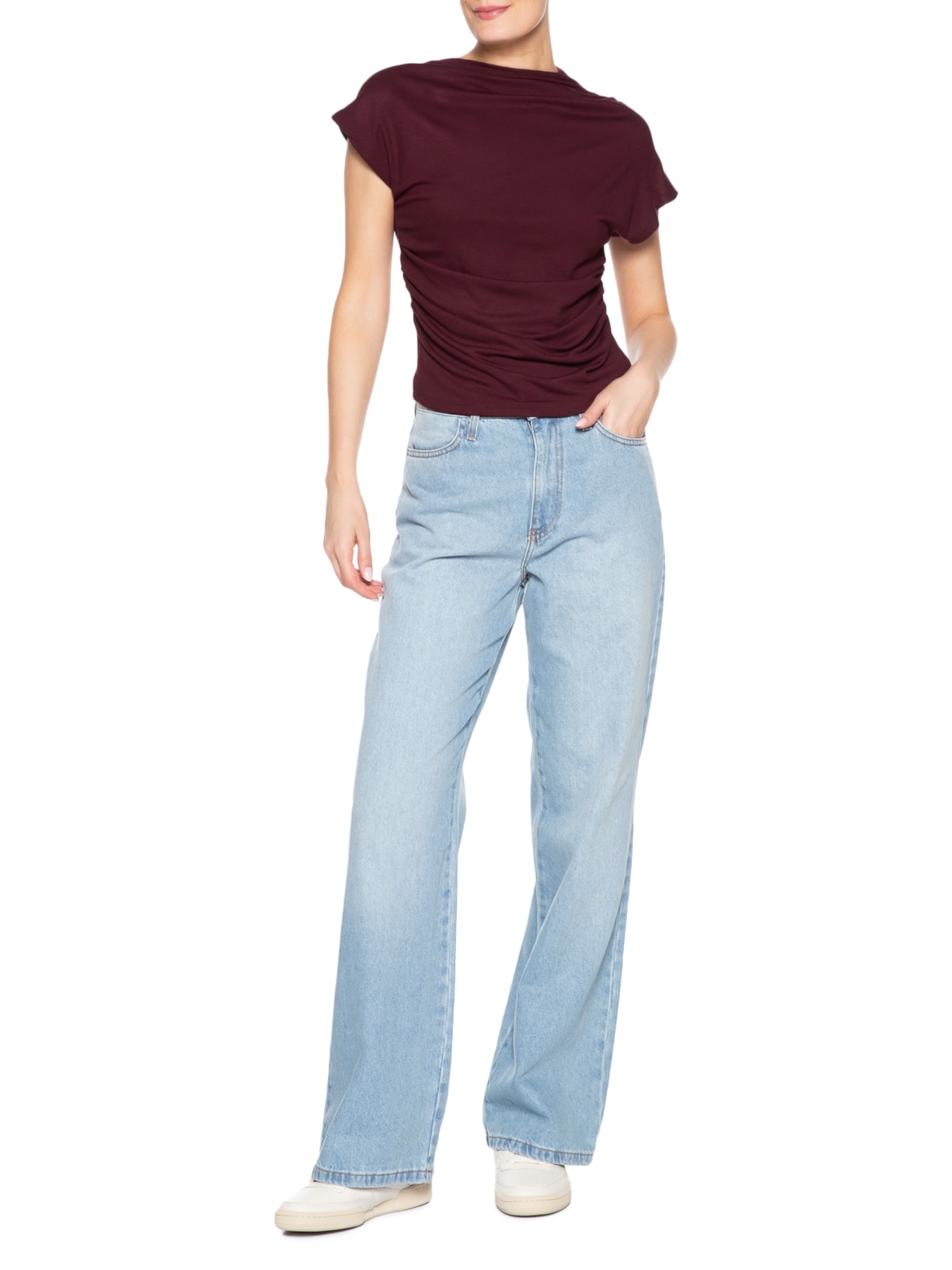 Blusa Feminina Decote Reto Drapeada Vermelho Basiq