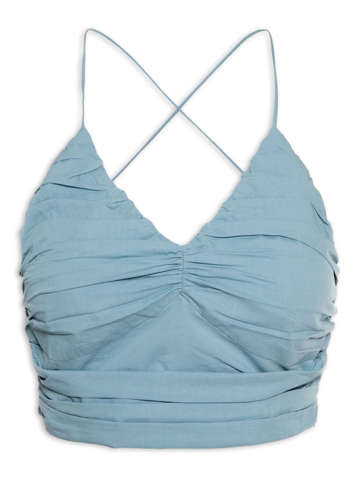 Blusa Feminina Decote V Em Algodão Franzidos - Azul