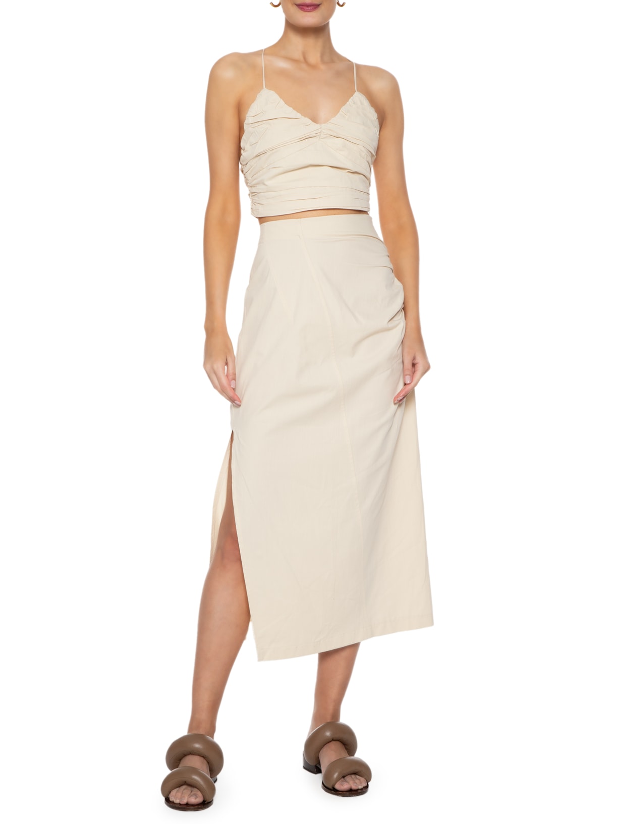 Blusa Feminina Decote V Em Algodão Franzidos Bege '2Essential