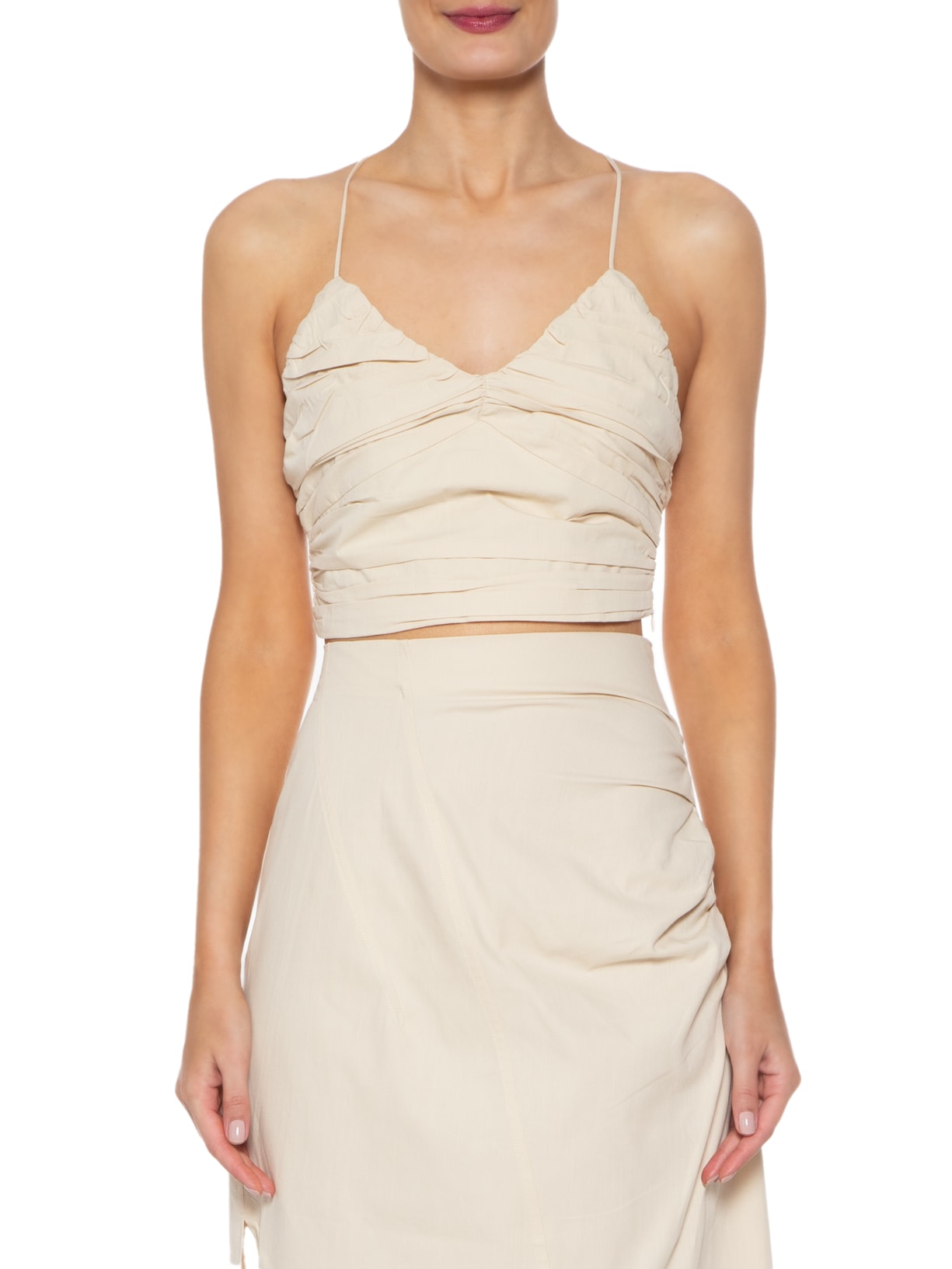 Blusa Feminina Decote V Em Algodão Franzidos Bege '2Essential