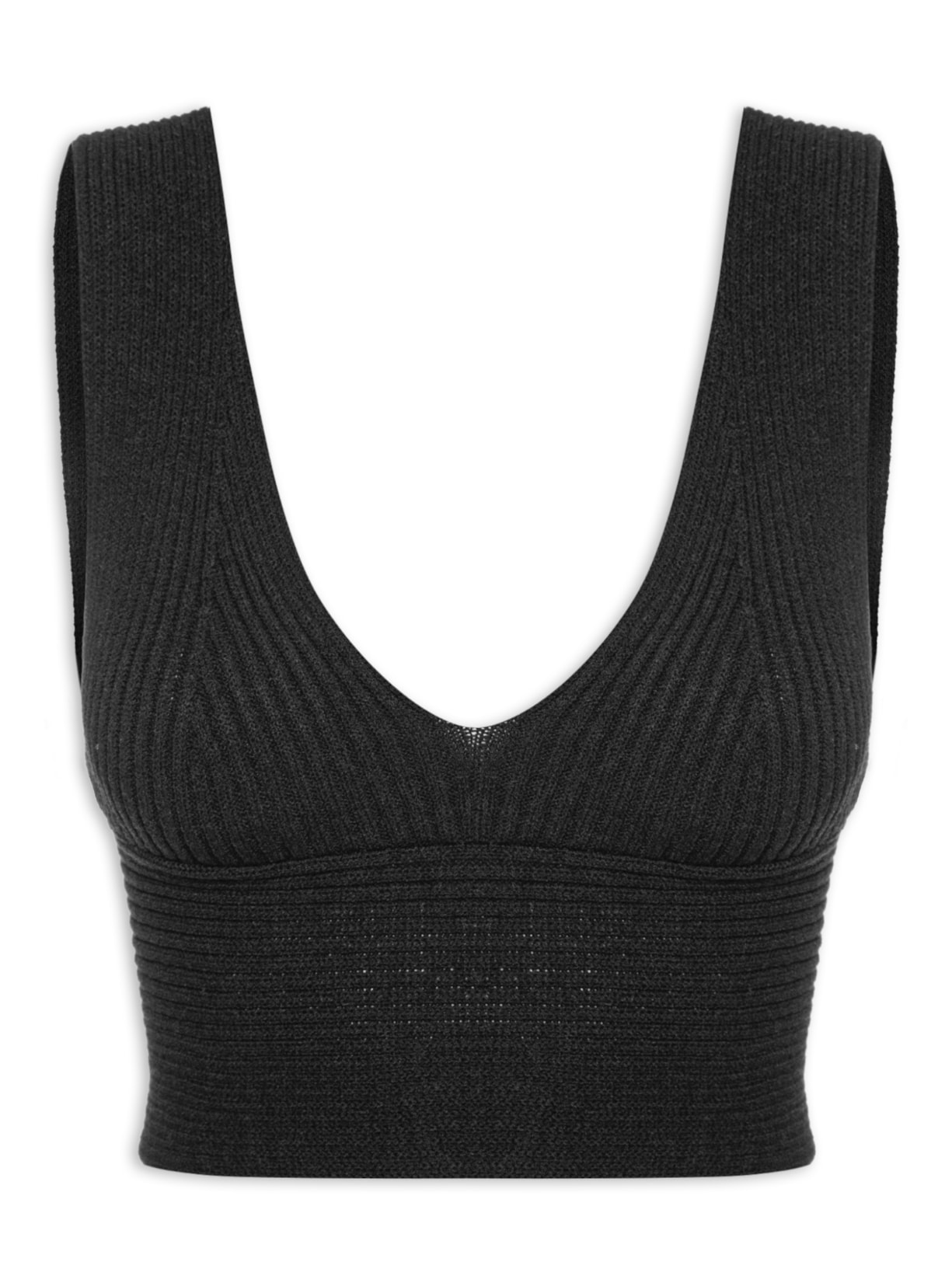Blusa Feminina Decote V Em Tricot Canelado - Preto