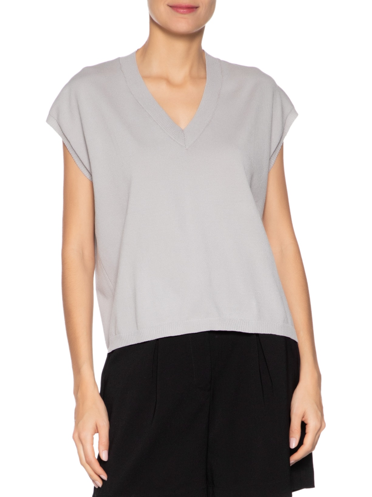 Blusa Feminina Decote V em Tricot Cinza '2Essential