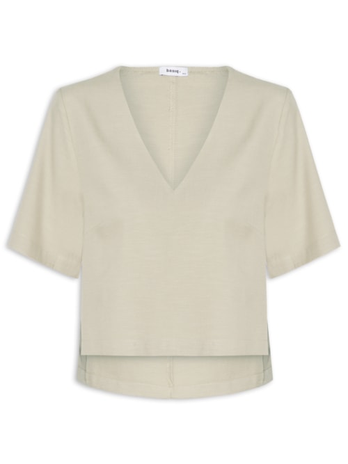 Blusa Feminina Decote V Manga Curta - Bege