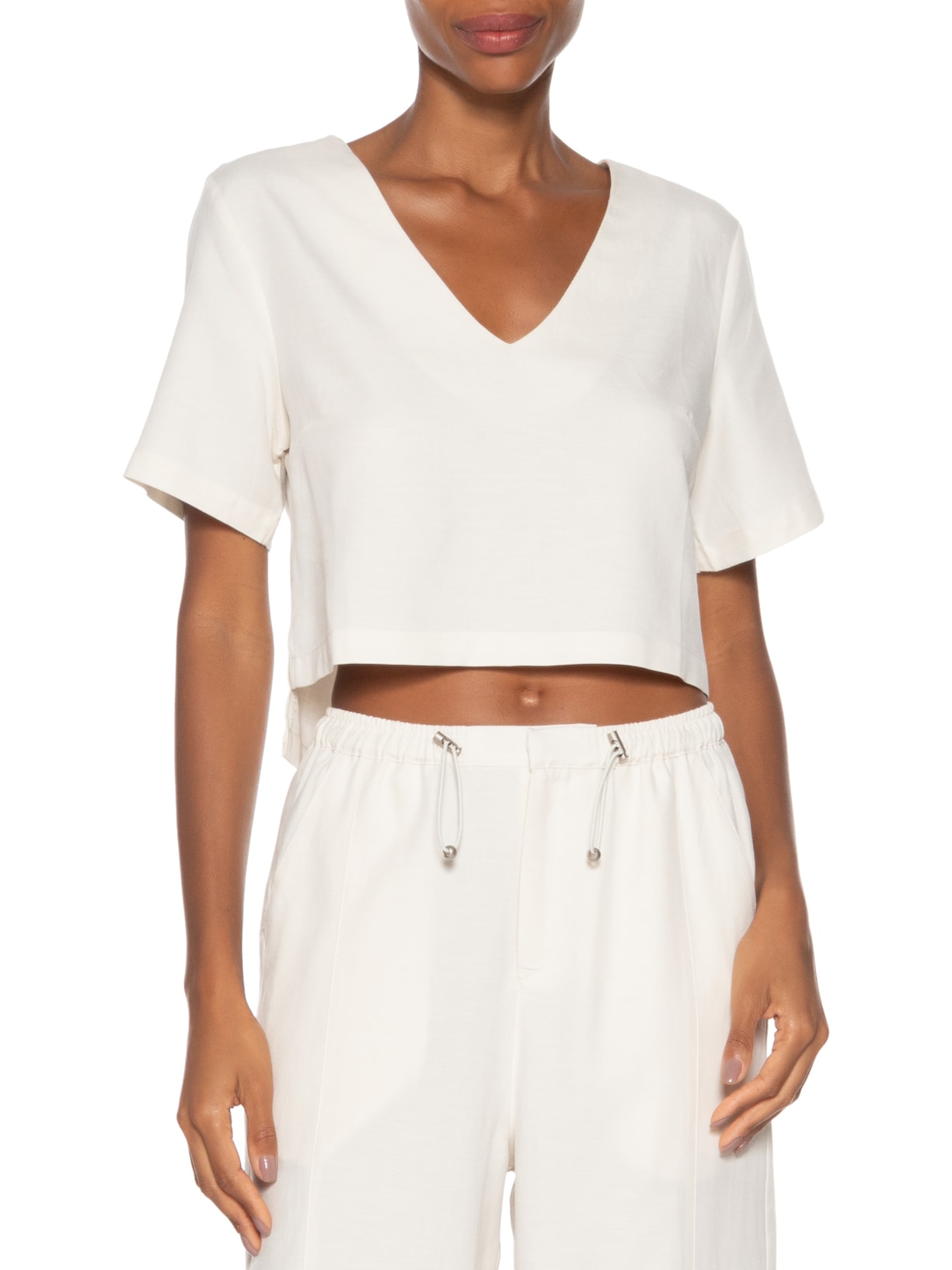 Blusa Feminina Decote V Manga Curta Branco Basiq