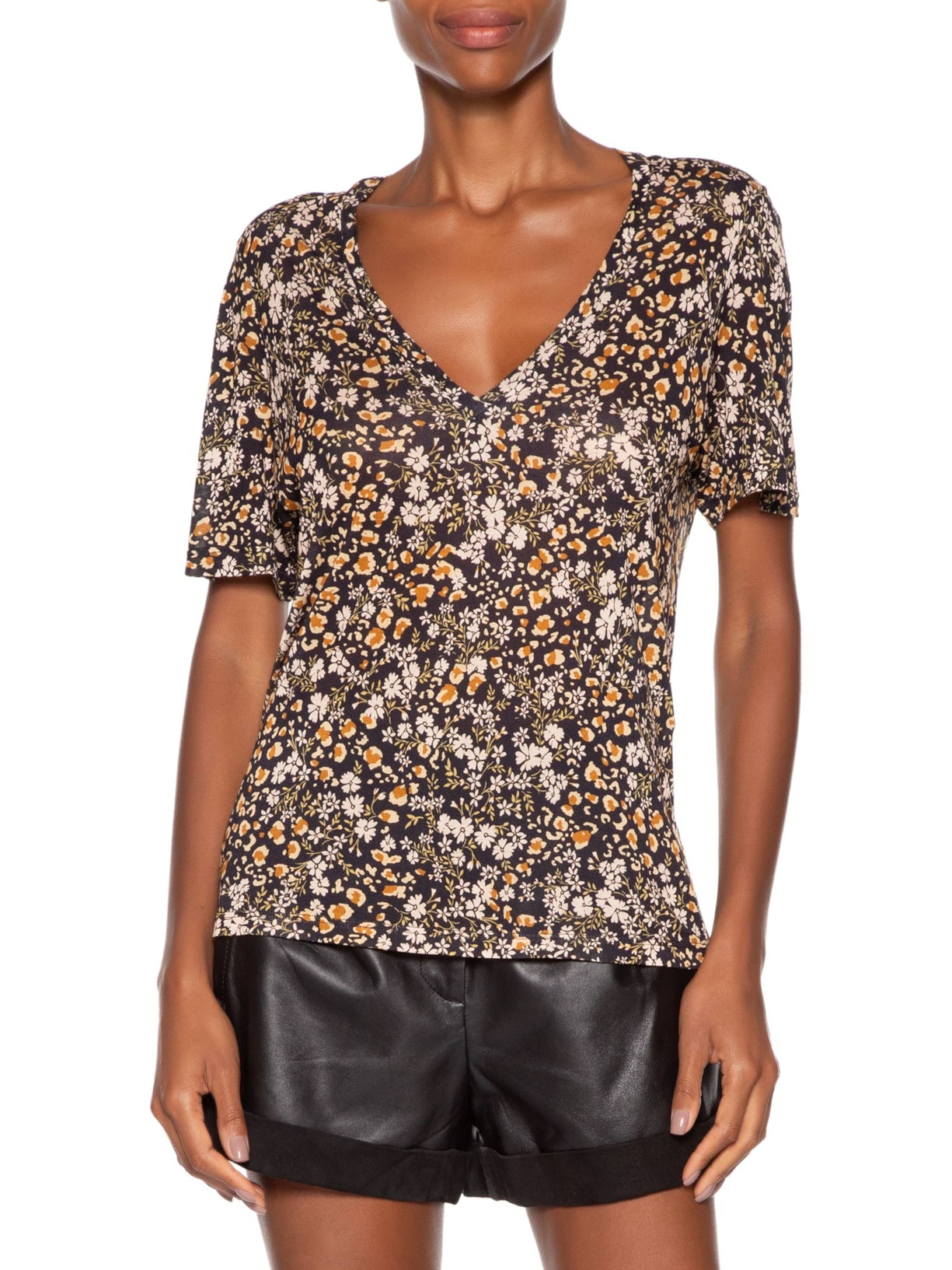Blusa Feminina Decote V Manga Curta Liberty Preto Animale