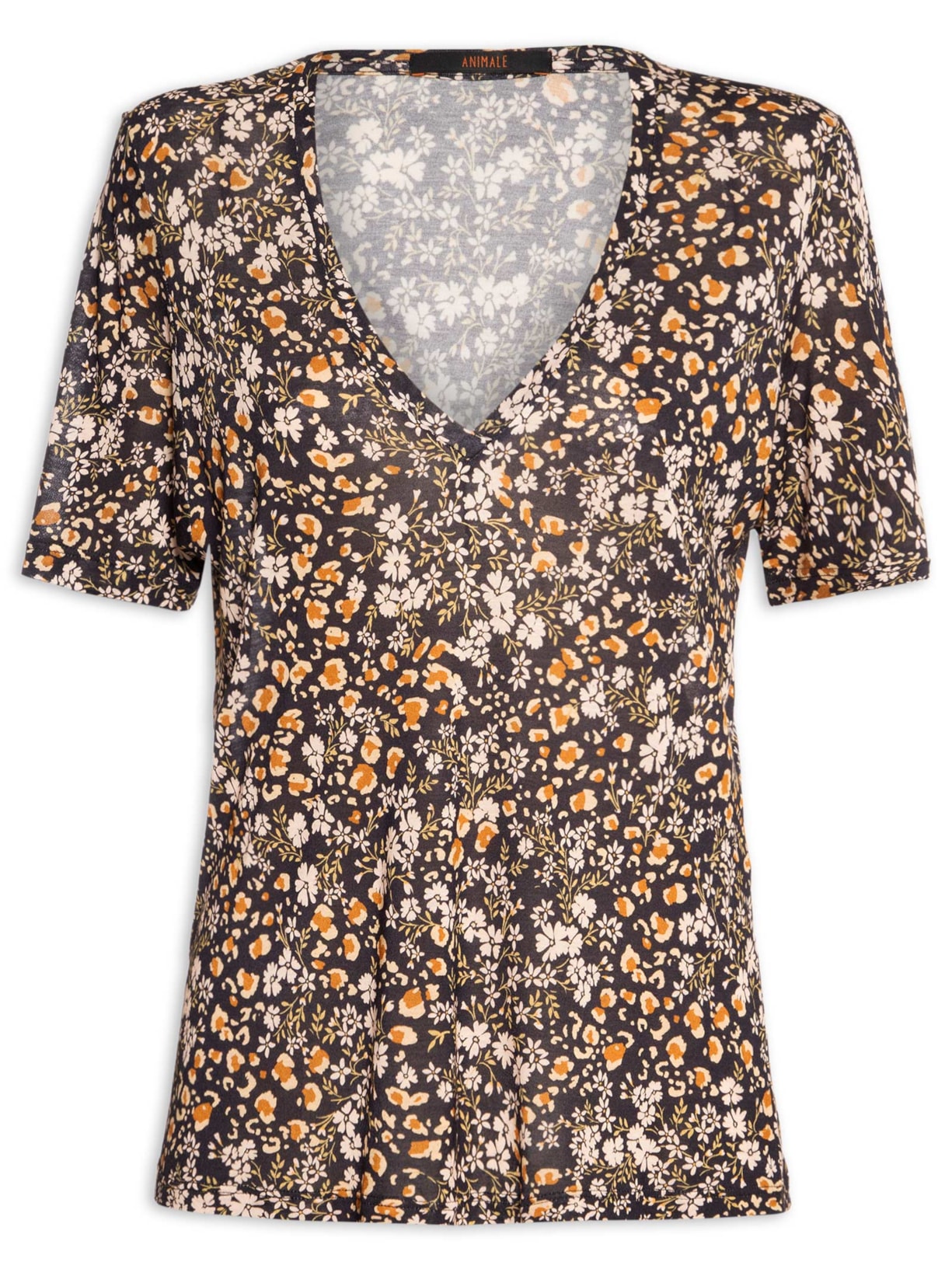 Blusa Feminina Decote V Manga Curta Liberty Preto Animale