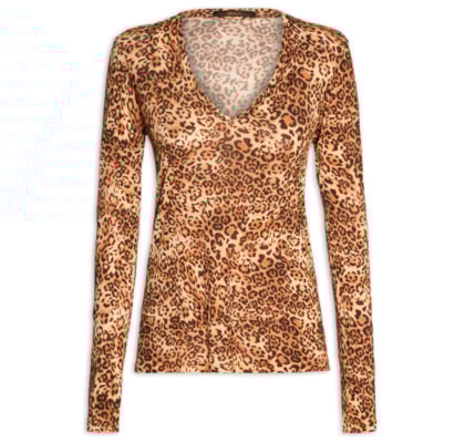 Blusa Feminina Decote V Manga Longa Onça - Animal Print