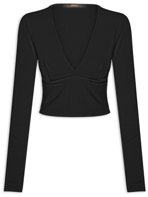 Blusa Feminina Decote V Manga Longa - Preto