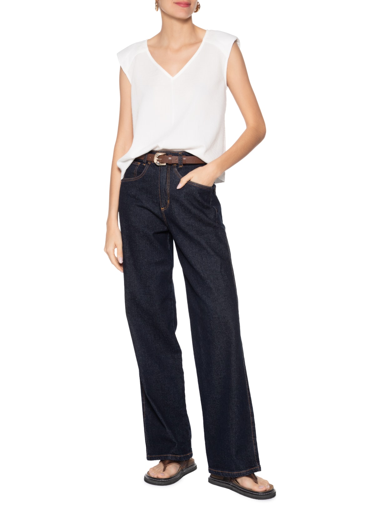 Blusa Feminina Decote V Off White Basiq