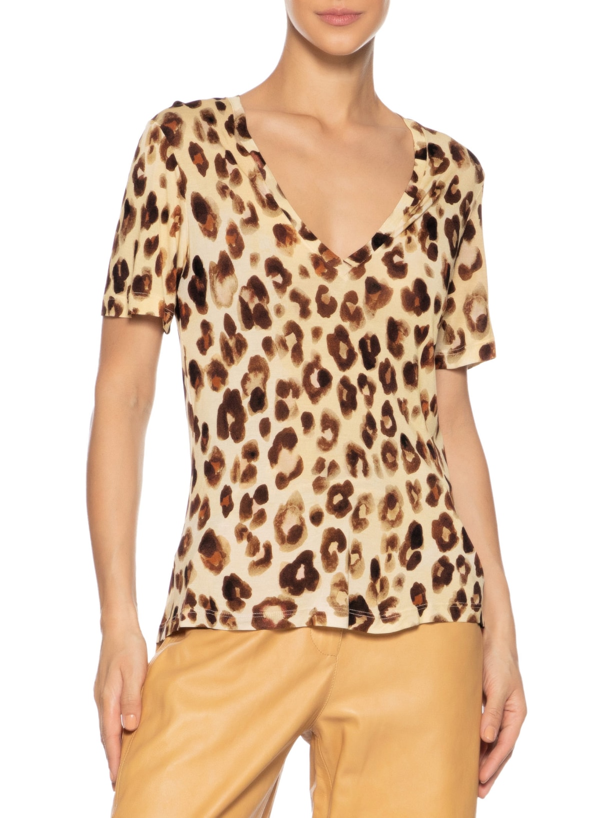 Blusa Feminina Decote V Onça Concha Color Marrom Animale