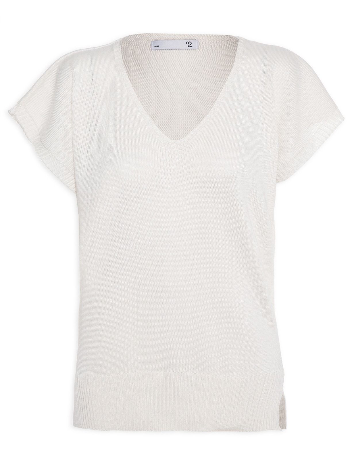 Blusa Feminina Decote V Tricot Com Mangas - '2Essential - Off White