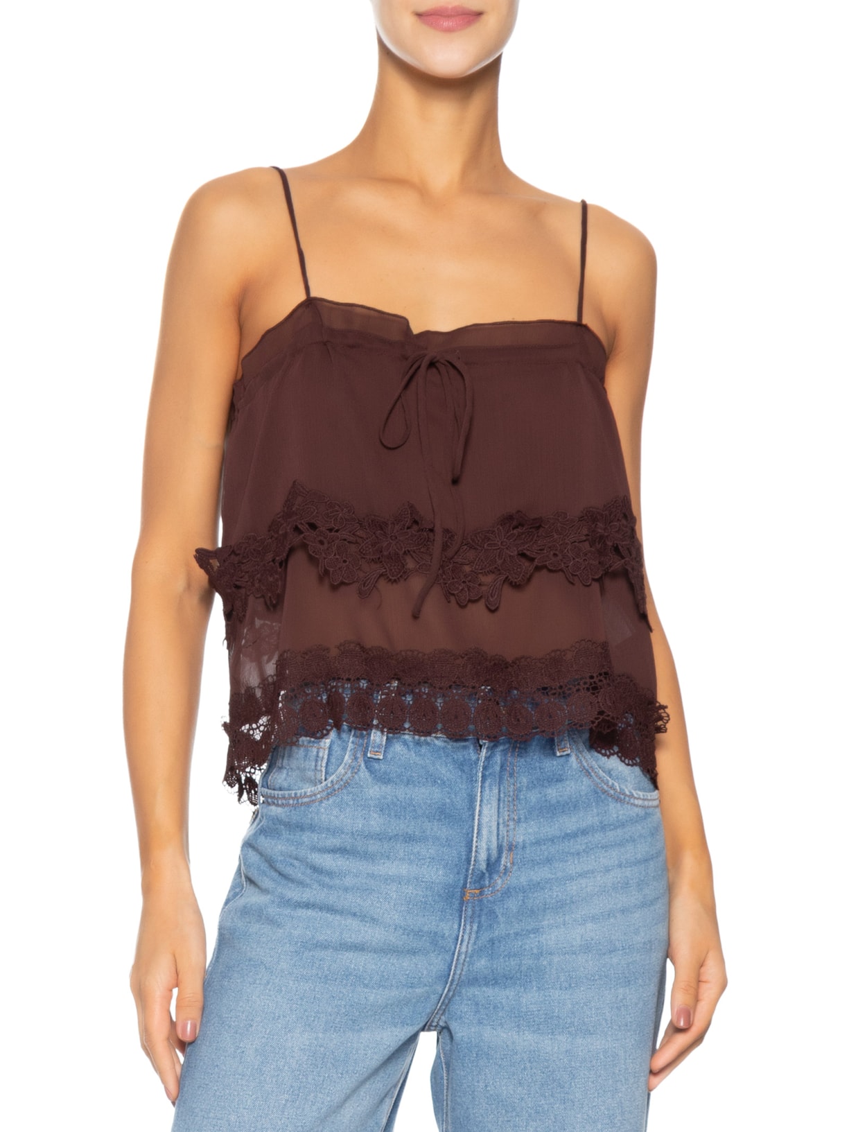 Blusa Feminina Detalhe Amarração E Renda Marrom Market 33