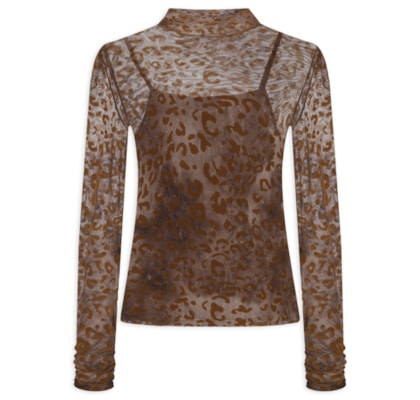 Blusa Feminina Devore Onça Gola Alta - Marrom