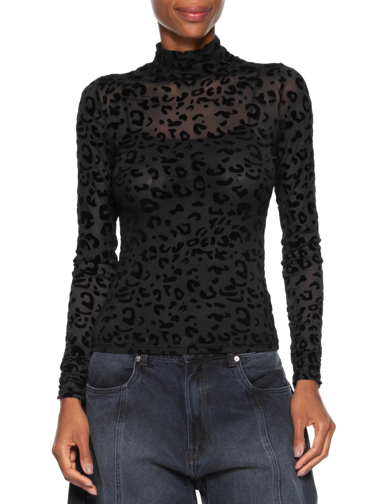 Blusa Feminina Devore Onça Gola Alta Preto Animale Jeans