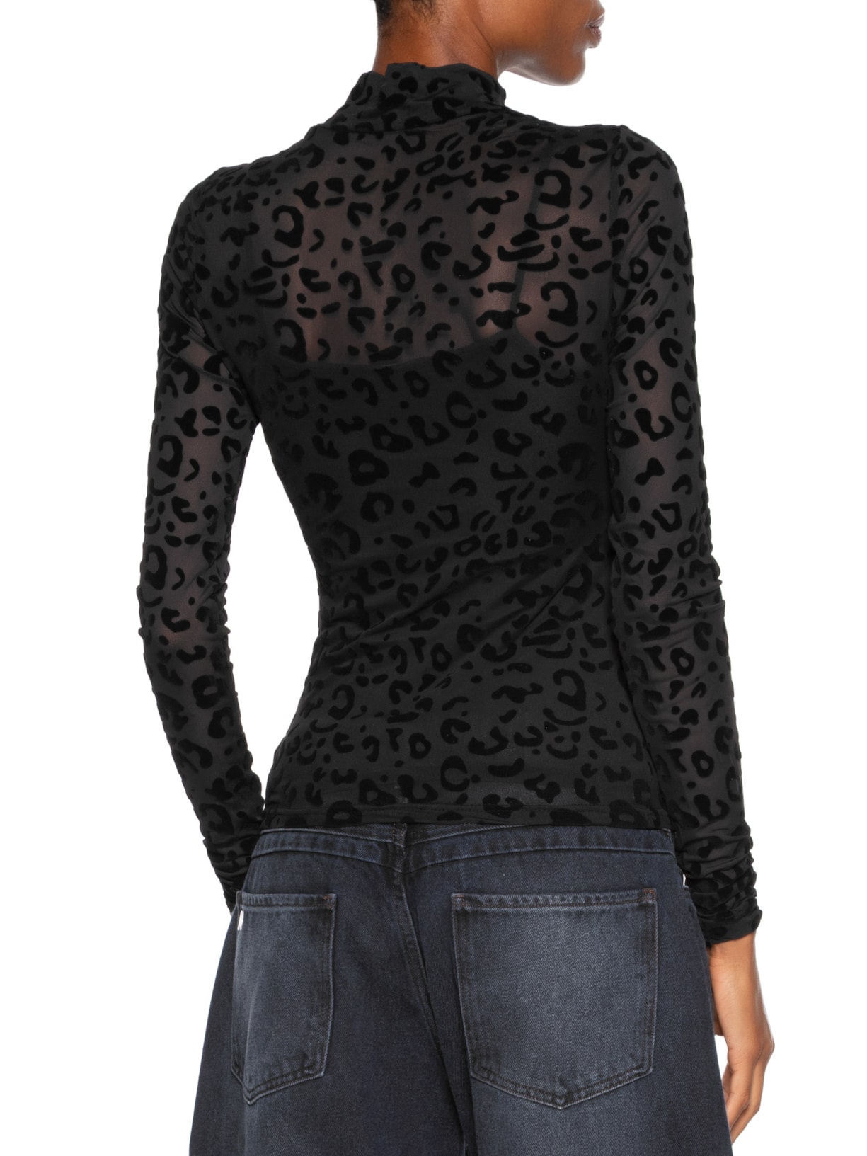 Blusa Feminina Devore Onça Gola Alta Preto Animale Jeans